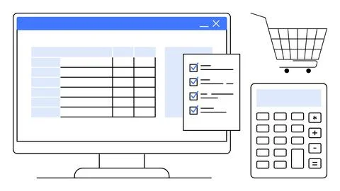 Computer screen displaying a spreadsheet, checklist, shopping cart, calculato Stock Illustration