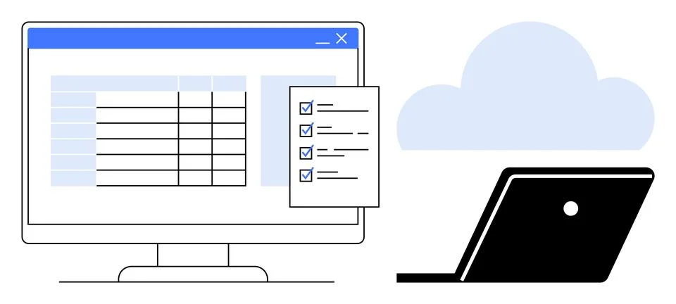 Computer screen displaying a spreadsheet with checklists, accompanied by a .. Illustrazione stock
