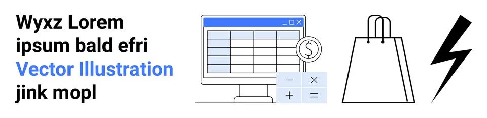 Computer screen displaying a spreadsheet with a dollar sign, shopping bag ico Stock Illustration