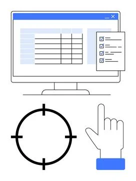 Computer screen displaying a task list with checkboxes, a target symbol, and  Stock Illustration