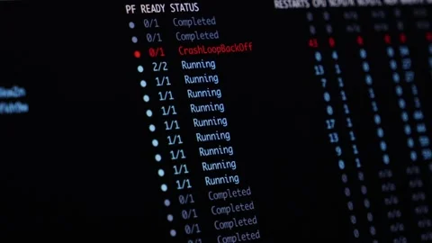 Computer screen displaying terminal console output with pod status errors, Stock Footage 346525897