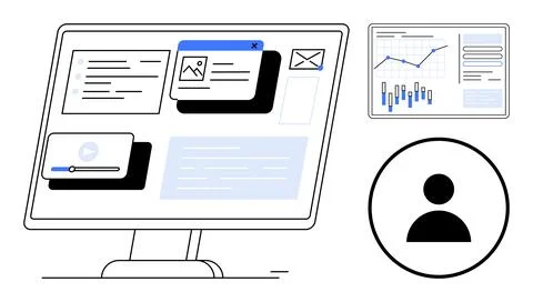 Computer screen displaying various app windows, a tablet showing graphs, and  Stock Illustration