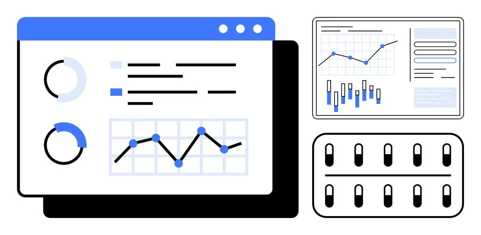 Computer screen displaying various charts and graphs, including line graphs,  Stock Illustration