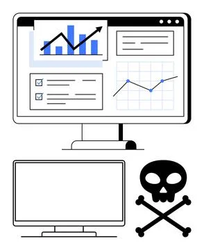 Computer screen displaying various data charts and graphs with a skull and .. Stock Illustration