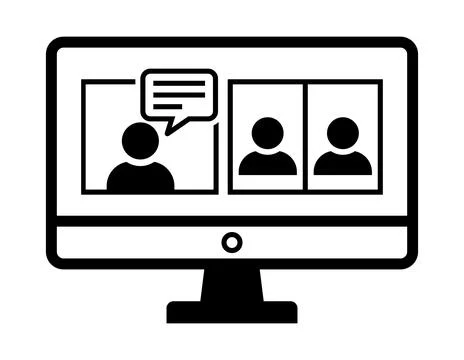 Computer screen displaying video conference with three people and speech bu.. Stock Illustration