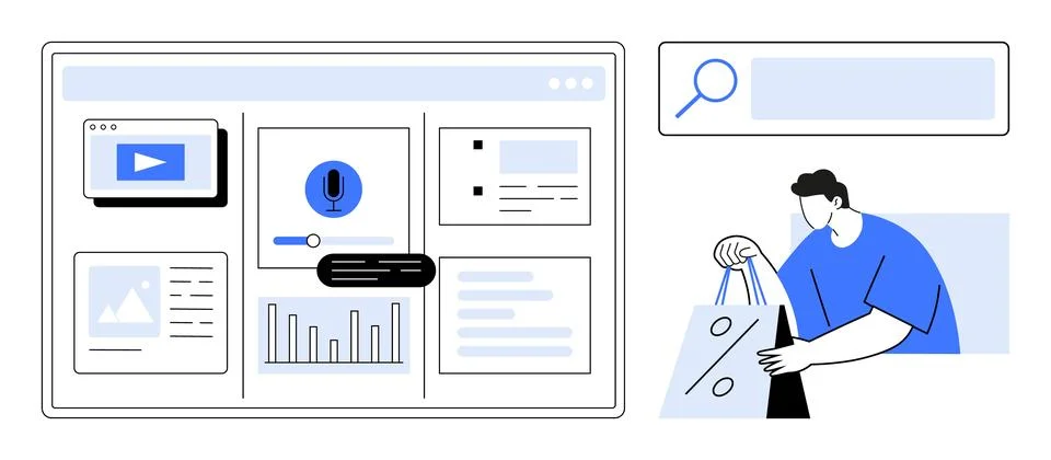 Computer screen displaying video, graphs, search bar, and shopping interface  스톡 일러스트