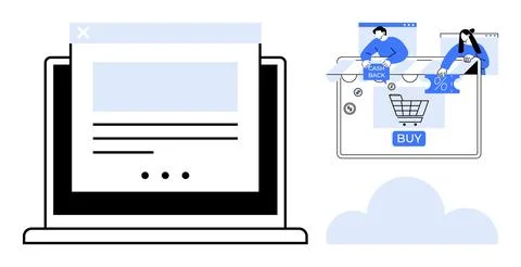 Computer screen displaying webpage, overlayed with people using a shopping ca Stock Illustration