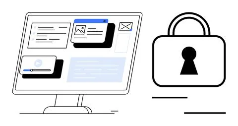 Computer screen displaying website elements, media player, and communication  イラスト素材
