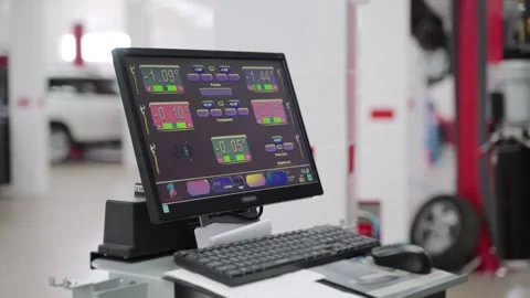 Computer screen displays car wheel alignment data in auto repair shop. Mechanic Stock Footage 270421905