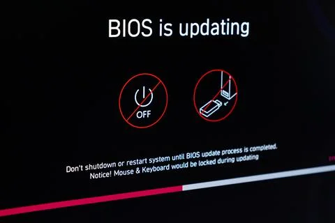 A computer screen displays a critical firmware update process for the Stockfoto's