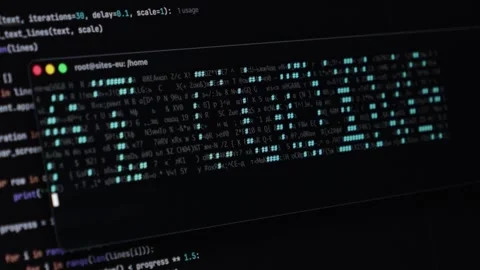 Computer screen displays a dark terminal with vibrant green pixelated AI CO.. Stock Footage 322995586