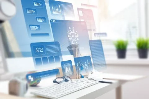 Computer screen displays data on artificial intelligence and analytics software 스톡 사진