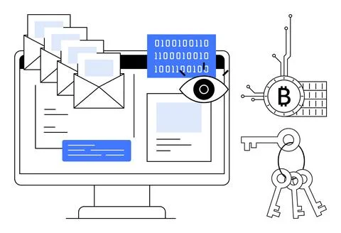 Computer screen displays emails, binary code, an eye symbol, and blockchain w Stock Illustration