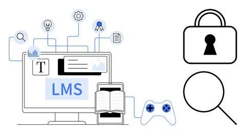 Computer screen displays LMS and educational tools, linked with icons thumbs  Stock Illustration