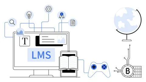 Computer screen displays LMS with icons of a document, magnifying glass, sett Illustrazione stock
