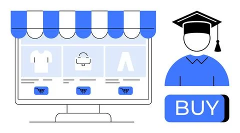 Computer screen displays online shopping interface with a graduation cap figu 스톡 일러스트
