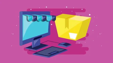 Computer screen displays online store with awning, mouse and keyboard prese.. Stock-Footage 333428923