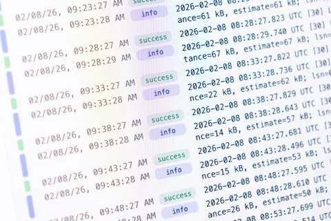 A computer screen displays rows of server log data with success and info status Foto stock