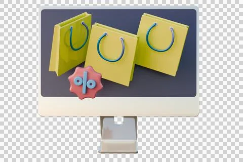 The computer screen displays three yellow shopping bags and a discount symbol Stock Illustration
