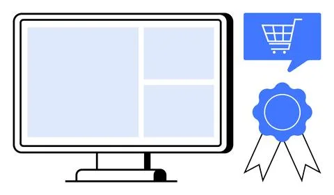 Computer screen with divided layout next to a blue shopping cart symbol in a  Stock-Illustration