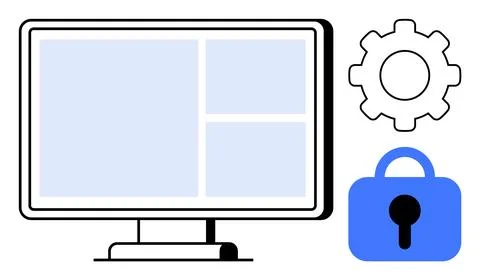 A computer screen with divided windows is shown alongside a settings gear and Illustrazione stock