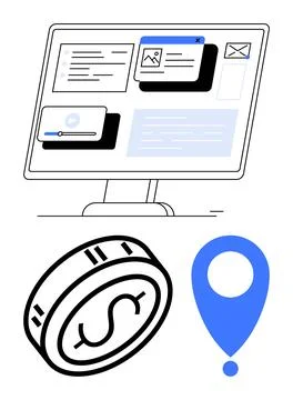 Computer screen, dollar coin, and map pin representing financial technology and 스톡 일러스트