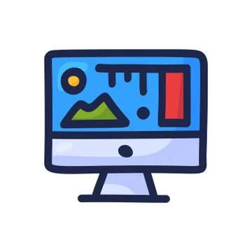 Computer screen in doodle style displaying art, statistics and analytics data 스톡 일러스트