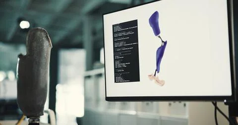 Computer screen, empty and prosthetic leg at desk in laboratory, machine le.. Stock Photos