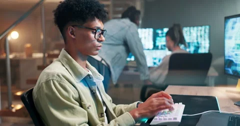 Computer screen, engineer and coding on keyboard in office and productivity on Video stock 264560974