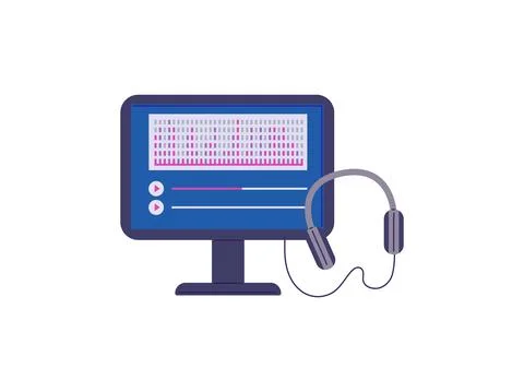 Computer screen with equalizer and headset flat vector illustration isolated. Stock Illustration