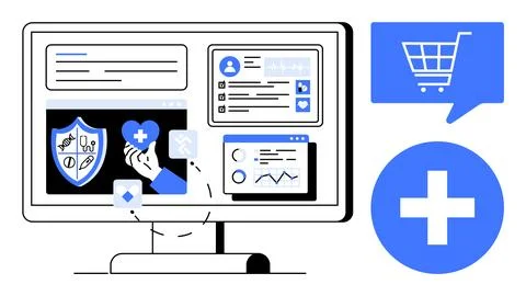 Computer screen featuring healthcare data, medical icons, charts, and user pr Stock Illustration
