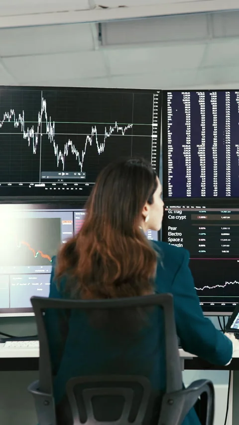 Computer screen, finance and back of woman for trading, stock market and 스톡 동영상 332974144