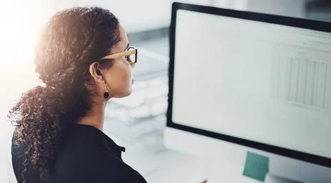 Computer screen, financial advisor and woman in office for data analytics Stock Photos