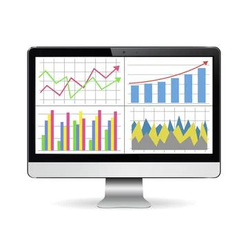 Computer screen with financial charts and graphs Illustrazione stock
