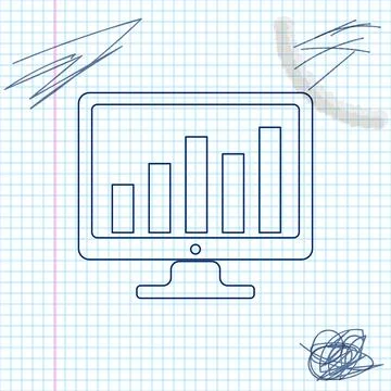 Computer screen with financial charts and graphs line sketch icon isolated on Ilustración de archivo