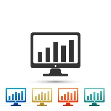 Computer screen with financial charts and graphs icon isolated on white bac.. 스톡 일러스트