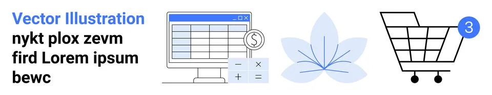 Computer screen with financial data table, blue flower icon, shopping cart wi Stock Illustration
