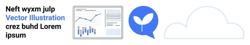 Computer screen with financial graphs, blue eco chat bubble with leaf, cloud  Stock Illustration