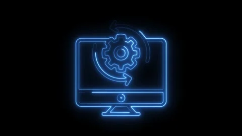 Computer screen with gear and arrows in blue neon style on black background Video stock 314651012