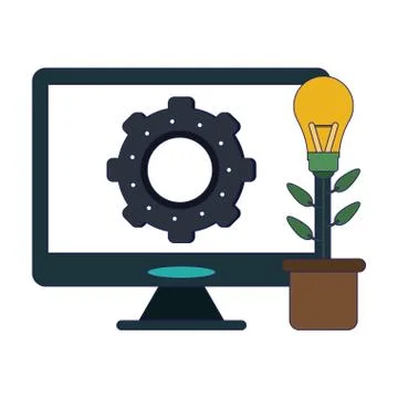 Computer screen on gear and flower pot with bulb light 스톡 일러스트