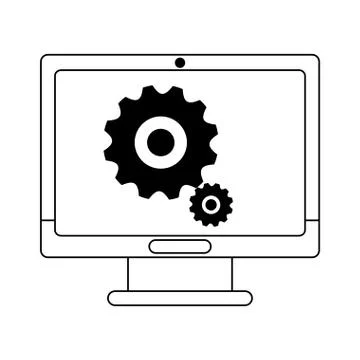 Computer screen with gears black and white イラスト素材
