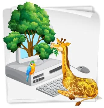 Computer screen with giraffe eating leaves Stock Illustration
