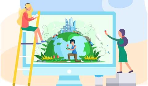 Computer screen with girl caring for Earth flower. People work with banner on イラスト素材