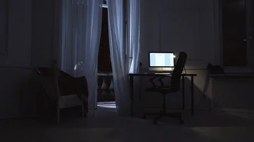 Computer screen glowing in apartment cat on window sill, curtain shakes on wind Stock Footage 85707834