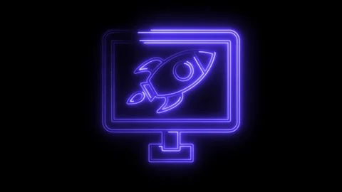 Computer screen with glowing neon rocket icon on black background animation Stock Footage 308901275