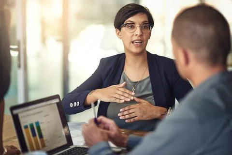 Computer screen, graphs and business woman for data analysis meeting, financial Stock Photos