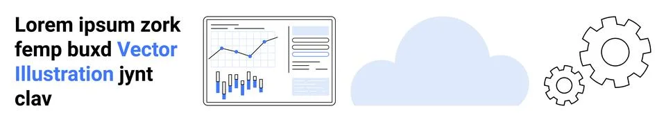 Computer screen with graphs, blue cloud, and gears. Ideal for data analytics, Stock Illustration