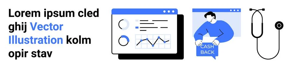 Computer screen with graphs, man holding Cash Back sign, and a stethoscope. I Stock Illustration
