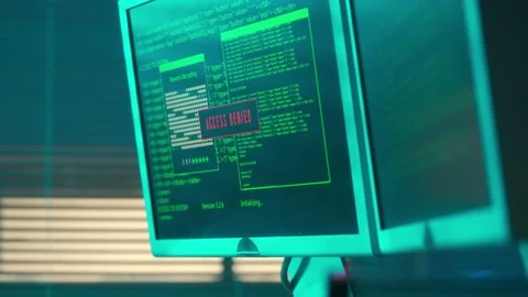 Computer screen with green line of program code and access denied warning. A 動画素材 233600279