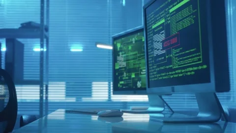 Computer screen with green lines of program codes and red window with access Stock Footage 233606418